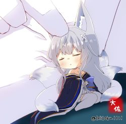 Rule 34 | 1boy, 1girl, animal ear fluff, animal ears, azur lane, bare shoulders, breasts, cleavage, commander (azur lane), commentary request, fox ears, fox girl, fox tail, gloves, grey hair, hair between eyes, headpat, japanese clothes, kitsune, knees together feet apart, kyuubi, long hair, long sleeves, military, military uniform, mini person, minigirl, multiple tails, naval uniform, out of frame, parted lips, pleated skirt, shinano (azur lane), sidelocks, signature, simple background, sitting, size difference, skirt, sleeping, strapless, tail, taisa (kari), thighhighs, thighs, triangle mouth, twitter username, uniform, wariza, white gloves, white skirt, white thighhighs, wide sleeves, zettai ryouiki
