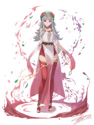 Rule 34 | 1girl, absurdres, arm behind back, choker, expressionless, fire emblem, fire emblem heroes, flower, full body, gold trim, grey hair, hair flower, hair ornament, highres, long hair, looking at viewer, nintendo, obsession, official alternate costume, red eyes, red thighhighs, sandals, thighhighs, toes, veronica (fire emblem), white background