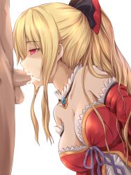 Rule 34 | 1boy, 1girl, absurdres, bare shoulders, blonde hair, blush, bow, breasts, censored, cleavage, clothed female nude male, cum, cum in mouth, detached collar, dress, ejaculation, fellatio, granblue fantasy, hair between eyes, hair bow, hair ornament, hetero, highres, koumei (twinameless), large breasts, long hair, mosaic censoring, nude, oral, penis, ponytail, red eyes, shaded face, solo focus, vira (granblue fantasy)
