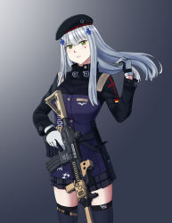 Rule 34 | 1girl, assault rifle, beret, black thighhighs, blue hair, blush, checkered clothes, checkered skirt, cyka, feet out of frame, girls&#039; frontline, gloves, green eyes, gun, h&amp;k hk416, hand in own hair, hat, highres, hk416 (girls&#039; frontline), holding, holding weapon, holster, knife sheath, knife sheath, long hair, looking at viewer, rifle, sheath, simple background, skirt, solo, standing, thighhighs, uniform, weapon, white gloves