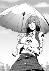 Rule 34 | 1girl, arm under breasts, ascot, breasts, cloud, collared shirt, commentary request, cowboy shot, day, grass, greyscale, holding, holding umbrella, kazami yuuka, large breasts, long sleeves, looking at viewer, medium hair, minami koyogi, monochrome, outdoors, parasol, parted lips, plaid, plaid skirt, plaid vest, shirt, skirt, skirt set, solo, touhou, umbrella, vest, wavy hair