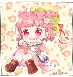 Rule 34 | 1girl, animal ears, azur lane, bandaid, bandaid on knee, bandaid on leg, bell, blush, boots, bow, brown footwear, candy, candy hair ornament, commentary request, dog ears, dog girl, dog tail, food, food-themed hair ornament, frilled skirt, frills, full body, hair ornament, hair ribbon, hands up, hat, highres, jingle bell, kindergarten uniform, lollipop, looking at viewer, open mouth, pink bow, pink hair, pink shirt, purple eyes, red ribbon, ribbon, sa nosu kei zumi, school hat, shirt, short hair, skirt, socks, solo, swirl lollipop, tail, tears, thick eyebrows, twitter username, uzuki (azur lane), white skirt, white socks, yellow hat