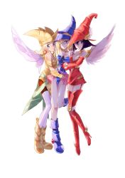 Rule 34 | 3girls, apple magician girl, bare shoulders, blonde hair, boots, breasts, dark magician girl, duel monster, female focus, gloves, hat, high heel boots, high heels, highres, hug, legs, lemon magician girl, long hair, looking at viewer, magical girl, multiple girls, skirt, white background, wizard hat, yu-gi-oh!