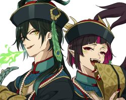Rule 34 | androgynous, black hair, chinese clothes, corpse, fang, fangs, green eyes, hat, jiangshi, lilia vanrouge, looking at viewer, malleus draconia, multicolored hair, ofuda, otoufu (mayu1003r), pale skin, pink hair, pointy ears, red eyes, short hair, smile, twisted wonderland, undead, zombie