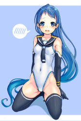 Rule 34 | 10s, 1girl, adapted costume, bare shoulders, black thighhighs, blue background, blue eyes, blue hair, blush, breasts, covered navel, elbow gloves, gloves, gradient hair, kantai collection, kneeling, kurogane daichi, leotard, long hair, multicolored hair, neckerchief, open mouth, sailor collar, samidare (kancolle), simple background, sleeveless, small breasts, solo, speech bubble, spoken blush, swept bangs, thighhighs, very long hair