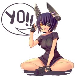 Rule 34 | 10s, 1girl, alternate costume, breasts, casual, cleavage, commentary, dark skin, dark-skinned female, eyepatch, fang, fingerless gloves, gloves, indian style, kantai collection, moeroknight, purple hair, shirt, short hair, sitting, skull print, solo, speech bubble, t-shirt, tenryuu (kancolle), yellow eyes