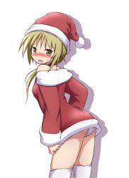Rule 34 | 1girl, bare shoulders, blonde hair, blush, female focus, hat, ichii yui, long hair, looking at viewer, looking back, mel (artist), mel (melty pot), open mouth, panties, pantyshot, santa hat, simple background, solo, thighhighs, underwear, white background, white panties, white thighhighs, yellow eyes, yuyushiki