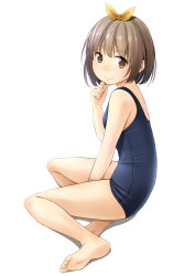 Rule 34 | 1girl, bare arms, bare legs, bare shoulders, barefoot, black one-piece swimsuit, blush, brown eyes, brown hair, closed mouth, commentary request, full body, hair ribbon, hand up, highres, old school swimsuit, one-piece swimsuit, original, ribbon, school swimsuit, shadow, shibacha, sitting, smile, soles, solo, swimsuit, thighs, white background, yellow ribbon, yokozuwari