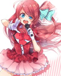 Rule 34 | 1girl, blue eyes, blush, bow, bowtie, breasts, cowboy shot, dress, floating hair, frilled dress, frilled skirt, frills, gloves, hangariita, highres, holding, holding microphone, idol, idol clothes, long hair, microphone, minamoto sakura, music, open mouth, pink skirt, polka dot, polka dot bow, red bow, red hair, side ahoge, singing, skirt, solo, straight hair, sweat, teeth, upper teeth only, v-shaped eyebrows, white gloves, zombie land saga