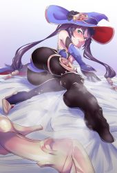 Rule 34 | 1girl, ass, blue eyes, blush, feet, genshin impact, highres, large hat, long hair, looking at viewer, lying, mona (genshin impact), on side, pantyhose, shoes, unworn shoes, soles, steam, twintails