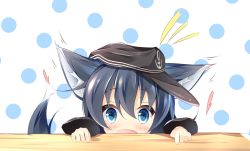 Rule 34 | 1girl, :d, akatsuki (kancolle), anchor symbol, animal ears, black hat, blue eyes, blue hair, blush, commentary request, flat cap, hair between eyes, hat, heart, highres, kantai collection, kemonomimi mode, kushida you, long sleeves, looking at viewer, open mouth, peeking out, polka dot, polka dot background, smile, solo, tail, white background