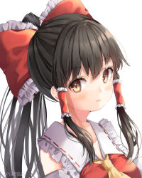 Rule 34 | 1girl, ascot, bad id, bad pixiv id, bare shoulders, black hair, bow, breasts, brown eyes, commentary request, detached sleeves, frilled bow, frilled shirt collar, frills, hair between eyes, hair bow, hair tubes, hakurei reimu, highres, long hair, looking at viewer, medium breasts, ponytail, portrait, red bow, shiromoru (yozakura rety), sidelocks, simple background, solo, touhou, white background, yellow ascot
