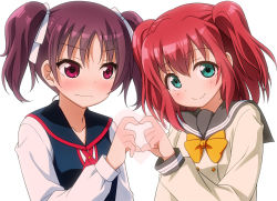 Rule 34 | 10s, 2girls, bangs, blush, bow, closed mouth, commentary request, ears visible through hair, green eyes, hair between eyes, heart, heart hands, kazuno leah, kurosawa ruby, looking at viewer, love live!, love live! school idol project, multiple girls, purple eyes, purple hair, red hair, school uniform, seisen school uniform, sidelocks, simple background, twintails, umekichi, upper body, uranohoshi school uniform, white background, yellow bow