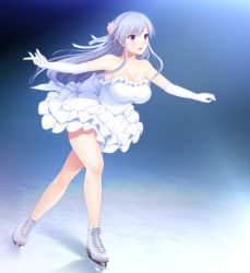 Rule 34 | 1girl, :d, akino subaru, bare legs, breasts, cleavage, collarbone, dress, elbow gloves, floating hair, flower, full body, game cg, gin&#039;iro haruka, gloves, hair between eyes, hair flower, hair ornament, hair ribbon, highres, ice skates, ice skating, kisaragi mizuha, large breasts, layered dress, long hair, official art, open mouth, outstretched arms, pink flower, purple eyes, ribbon, short dress, silver hair, skates, skating, sleeveless, sleeveless dress, smile, solo, strapless, strapless dress, very long hair, white dress, white footwear, white gloves, white ribbon