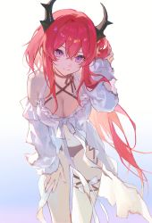 Rule 34 | 1girl, absurdres, arknights, bikini, black bikini, breasts, cleavage, clothing cutout, cowboy shot, detached sleeves, dogdogbhh, frills, gradient background, highres, horns, large breasts, long hair, navel, purple eyes, red hair, shirt, smile, solo, surtr (arknights), surtr (colorful wonderland) (arknights), swimsuit, thigh strap, white shirt