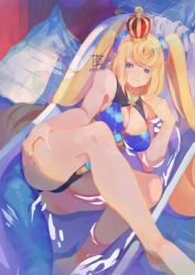 Rule 34 | 1girl, ass, bare legs, blonde hair, blue eyes, breasts, cleavage, highres, indoors, legs, long hair, looking at viewer, lying, nintendo, partially submerged, sheba (xenoblade), signature, smile, solo, sou (pale 1080), tail, thighs, tile floor, tiles, twintails, very long hair, xenoblade chronicles (series), xenoblade chronicles 2, xenoblade chronicles (series), xenoblade chronicles 2