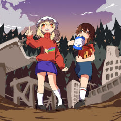 Rule 34 | 2girls, book, cosplay, crossover, dipper pines, dipper pines (cosplay), forest, gravity falls, highres, kapiten70, mabel pines, mabel pines (cosplay), maribel hearn, multiple girls, nature, resolution mismatch, source smaller, touhou, usami renko