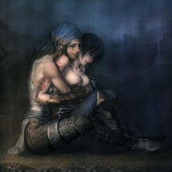 Rule 34 | 2girls, armor, bandana, bare shoulders, belt, belt buckle, between legs, black hair, blue bandana, boots, breasts, brown hair, buckle, collarbone, couple, dragon age, dragon age 2, ear licking, earrings, facial mark, facing another, facing away, from side, full body, gauntlets, gloves, happy, hawke (dragon age), hawke (dragon age 2), hug, hug from behind, isabela (dragon age), jewelry, large breasts, licking, lip piercing, long hair, looking at another, looking down, multiple girls, on ground, on lap, on person, pants, parted lips, partially undressed, piercing, pointy ears, scar, shirt, shoes, short hair, sitting, sitting on lap, sitting on person, sleeveless, sleeveless shirt, smile, tattoo, tongue, tongue out, topless, yuri