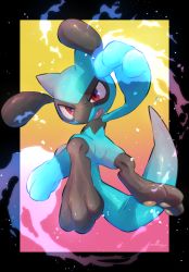 Rule 34 | absurdres, black border, border, commentary, creatures (company), energy, full body, furrowed brow, game freak, gen 4 pokemon, highres, nintendo, no humans, nullma, open mouth, pokemon, pokemon (creature), red eyes, riolu, solo, teeth, toes, tongue
