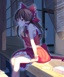 Rule 34 | 1girl, absurdres, armpit crease, ascot, aura, bare arms, bare shoulders, window blinds, box, brown hair, commentary request, curled fingers, expressionless, hair ribbon, hair tubes, hakurei reimu, highres, kozomezuki, leaning forward, looking to the side, midriff, mouth hold, partial commentary, ponytail, popsicle stick, red eyes, red skirt, red vest, ribbon, sarashi, shade, shouji, sitting, skirt, sliding doors, solo, summer, sweat, touhou, veranda, vest, wrapper, wrist cuffs, yellow ascot