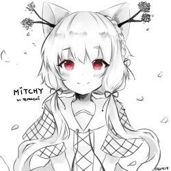 Rule 34 | 1girl, animal ears, antlers, artist name, blush, braid, branch, character name, closed mouth, dated, dress, hair ribbon, highres, horns, long hair, looking at viewer, low twintails, original, red theme, ribbon, sailor dress, short sleeves, smile, solo, spot color, temachii, twintails