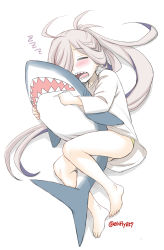 Rule 34 | 1girl, asashimo (kancolle), barefoot, blush, curled up, ebifly, closed eyes, facing viewer, green panties, highres, kantai collection, open mouth, panties, sharp teeth, shirt, simple background, sleeping, solo, stuffed animal, stuffed shark, stuffed toy, teeth, toenails, twitter username, underwear, white background, white shirt
