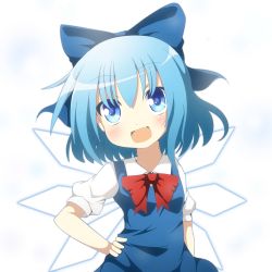 Rule 34 | 1girl, blue dress, blue eyes, blue hair, bow, circled 9, cirno, do (4-rt), dress, fang, hair bow, hand on own hip, highres, ice, ice wings, looking at viewer, matching hair/eyes, open mouth, puffy sleeves, shirt, short sleeves, simple background, smile, solo, symbol-shaped pupils, touhou, upper body, white background, wings