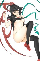 Rule 34 | 1girl, absurdres, ahoge, asymmetrical wings, bad id, bad pixiv id, black dress, black hair, black thighhighs, bottomless, breasts, clothes lift, dress, dress lift, floating, high heels, highres, houjuu nue, loafers, looking at viewer, nipples, no bra, no panties, partially undressed, red eyes, red footwear, seductive smile, shoes, small breasts, smile, solo, thighhighs, touhou, tsushima (kaikyo), white background, wings