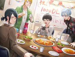 Rule 34 | 4boys, antenna hair, ash (inkya lovecome), bag of chips, bags under eyes, black eyes, black hair, black necktie, blonde hair, blue hair, bob cut, bottle, brown jacket, chair, closed mouth, cup, ear chain, ear piercing, empty eyes, expressionless, folding chair, food, glasses, green jacket, grey eyes, grin, half-closed eyes, highres, holding, holding bottle, holding cup, indoors, inkya lovecome, jacket, jewelry, light smile, looking at another, looking at phone, looking at viewer, looking back, male focus, milestone celebration, mole, mole under mouth, multiple boys, napolitan, necklace, necktie, nishimura haruhi, no pupils, on chair, oohashi taiga, open clothes, open jacket, phone, piercing, pizza, pocky, print shirt, ring, ring necklace, salad, shirt, short hair, short ponytail, sidelocks, sitting, smile, soda bottle, table, tsugai kouto, tsugutoku, v-shaped eyebrows, white shirt, whiteboard