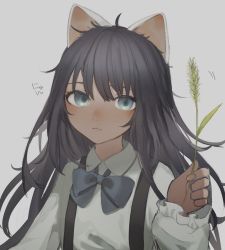 Rule 34 | 1girl, animal ears, bad id, bad twitter id, blue bow, blue bowtie, blue eyes, blush, bow, bowtie, brown hair, brown nails, cat ears, cat teaser, cattail, closed mouth, dark-skinned female, dark skin, fingernails, grey background, highres, holding, long hair, long sleeves, looking at viewer, messy, migihidari (puwako), motion lines, nyan, original, plant, shirt, simple background, solo, suspenders, upper body, white shirt