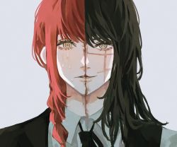 Rule 34 | 2girls, black hair, blood, braid, chainsaw man, collared shirt, facial scar, highres, inuo (inuo x), long hair, looking at viewer, makima (chainsaw man), multiple girls, neck ribbon, parted lips, portrait, red hair, ribbon, ringed eyes, scar, scar on cheek, scar on face, shirt, simple background, split theme, white shirt, yellow eyes, yoru (chainsaw man)