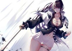 Rule 34 | 1girl, black hair, black shirt, blue eyes, breasts, capelet, chain, character request, cleavage, collarbone, copyright request, cowboy shot, earrings, holding, holding sword, holding weapon, jewelry, katana, koissa, large breasts, long hair, long sleeves, looking at viewer, miniskirt, navel, pleated skirt, shirt, skirt, solo, standing, sword, thigh strap, thighs, very long hair, weapon, white background, white capelet, white skirt