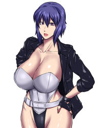 Rule 34 | 1girl, breasts, female focus, ghost in the shell, ghost in the shell stand alone complex, jacket, kusanagi motoko, large breasts, ml, purple hair, simple background, solo, white background