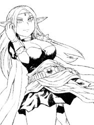 Rule 34 | 1girl, armor, belt, breasts, cape, character request, choker, circlet, cleavage, cleavage cutout, clothes around waist, clothing cutout, dress, elf, forehead jewel, greyscale, large breasts, long hair, monochrome, panties, pantyshot, pauldrons, pointy ears, short dress, shoulder armor, simple background, solo, standing, tsukudani (coke-buta), underwear
