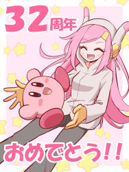 Rule 34 | 1girl, blush stickers, border, closed eyes, grey pants, grey sweater, highres, hood, hooded sweater, kirby, kirby: planet robobot, kirby (series), kurachi mizuki, long hair, long sleeves, nintendo, open mouth, pants, personification, pink hair, solo, star (symbol), susie (kirby), sweater, translation request, white border