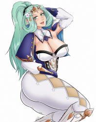 Rule 34 | 1girl, absurdres, ass, blue capelet, blush, boots, breasts, capelet, cleavage, cosplay, crossover, detached collar, detached sleeves, diamond (shape), female focus, fire emblem, fire emblem: three houses, flower, genshin impact, gloves, green eyes, green hair, hair flower, hair ornament, highres, jean (genshin impact), jean (genshin impact) (cosplay), large breasts, long hair, looking at viewer, matching hair/eyes, nintendo, open mouth, pants, pointy ears, ponytail, rhea (fire emblem), shiny skin, simple background, skin tight, smile, solo, thick thighs, thighs, tiara, tight clothes, tight pants, vambraces, very long hair, white background, white flower, white footwear, white legwear, white sleeves, xxpulp