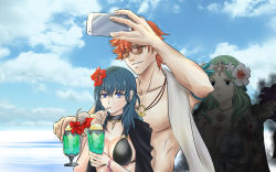 Rule 34 | 1boy, 2girls, aura, bikini, black bikini, blue eyes, blue hair, blue sky, breasts, byleth (female) (fire emblem), byleth (female) (summer) (fire emblem), byleth (fire emblem), cellphone, cleavage, closed mouth, cloud, cup, dark aura, drinking, drinking straw, empty eyes, fire emblem, fire emblem: three houses, fire emblem heroes, flower, glass, green hair, grin, hair flower, hair ornament, highres, holding, holding cup, holding phone, jewelry, kazu20200224, large breasts, long hair, multiple girls, necklace, nintendo, official alternate costume, one eye closed, phone, red hair, rhea (fire emblem), short hair, sky, smartphone, smile, sunglasses, swimsuit, sylvain jose gautier, topless male, upper body, wink