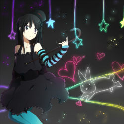 Rule 34 | 1girl, akiyama mio, alternate costume, alternate hairstyle, aqua pantyhose, black hair, blue eyes, blue thighhighs, cane, don&#039;t say &quot;lazy&quot;, dress, fingerless gloves, gloves, hat, heart, hime cut, k-on!, long hair, looking at viewer, mini hat, mini top hat, pantyhose, rabbit, single thighhigh, solo, star (symbol), thighhighs, top hat