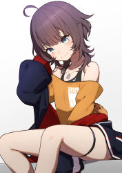 Rule 34 | 1girl, absurdres, ahoge, black sports bra, blue eyes, blue sweater, blush, breasts, highres, hololive, jewelry, looking at viewer, lunch boxer, matsurisu, natsuiro matsuri, natsuiro matsuri (casual), natsuiro matsuri (gaming casual), necklace, official alternate costume, red hair, shirt, short hair, simple background, sitting, small breasts, smile, solo, sports bra, sweater, thigh strap, thighs, virtual youtuber, white background, yellow shirt