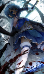 Rule 34 | 10s, 1girl, blood, blood on clothes, blood on face, blue eyes, blue hair, blurry, cape, cuts, depth of field, from below, gloves, glowing, highres, injury, madoka runes, magical girl, mahou shoujo madoka magica, mahou shoujo madoka magica (anime), matching hair/eyes, miki sayaka, mutsuki (moonknives), navel, shaft (company), short hair, solo, sword, thighhighs, torn cape, torn clothes, torn thighhighs, translated, weapon, white gloves, white thighhighs, zettai ryouiki
