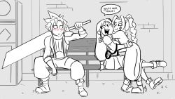 Rule 34 | 1boy, 2girls, aerith gainsborough, amber leigh, bench, bisexual female, blue bench, blush, braid, braided ponytail, cloud strife, english text, final fantasy, final fantasy vii, final fantasy vii remake, highres, hug, long hair, looking at another, low-tied long hair, monochrome, multiple girls, open mouth, over shoulder, sitting, smile, speech bubble, square enix, sword, tifa lockhart, weapon, weapon over shoulder