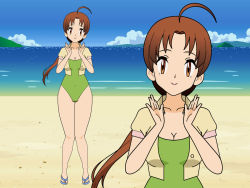 Rule 34 | 1girl, antenna hair, bare legs, beach, breasts, brown eyes, brown hair, cleavage, conan rock, creatures (company), curvy, delia ketchum, full body, game freak, green one-piece swimsuit, long hair, looking at viewer, multiple views, nintendo, one-piece swimsuit, open clothes, open shirt, pokemon, pokemon (anime), pokemon (classic anime), pokemon ep018, ponytail, sky, smile, swimsuit, thick thighs, thighs, upper body, water