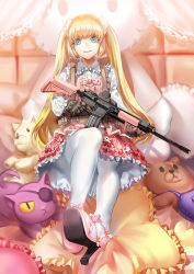 Rule 34 | 1girl, :d, ar-15, assault rifle, bad id, bad pixiv id, blonde hair, blue eyes, eyepatch, frilled pillow, frills, gloves, grin, gun, hairband, high heels, highres, holding, holding gun, holding weapon, lolita fashion, long hair, looking at viewer, open mouth, original, overalls, pantyhose, pillow, rff (3 percent), rifle, sitting, slit pupils, smile, solo, stuffed animal, stuffed cat, stuffed toy, teddy bear, teeth, twintails, weapon, white pantyhose, yellow eyes