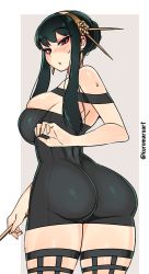 Rule 34 | 1girl, ass, bare shoulders, black dress, black hair, blush, breasts, dress, earrings, from behind, hair ornament, hairband, highres, huge ass, jewelry, kuromaruart, large breasts, long hair, looking at viewer, looking back, red eyes, sidelocks, solo, spy x family, thick thighs, thighhighs, thighs, wide hips, yor briar