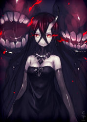 Rule 34 | 10s, 1girl, abyssal ship, bad id, bad pixiv id, battleship water oni, black hair, capriccio, dress, elbow gloves, gloves, glowing, glowing eyes, hibanar, horns, kantai collection, long hair, looking at viewer, monster, open mouth, pale skin, parted lips, red eyes, saliva, single horn, solo, strapless, strapless dress