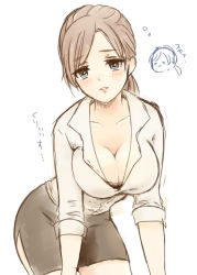 Rule 34 | 1girl, blouse, blue eyes, blush, breasts, brown hair, cleavage, drunk, jill valentine, lips, long hair, looking at viewer, parted bangs, resident evil, resident evil 5, shirt, simple background, skirt, sleeves rolled up, solo, teeth, white background, white shirt
