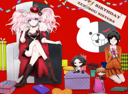 Rule 34 | 2boys, 2girls, ahoge, alternate costume, bag, bear hair ornament, birthday, birthday party, birthday present, black choker, black coat, black eyes, black hair, black jacket, black neckwear, black pants, black shirt, blonde hair, blue bow, blue eyes, bow, bowtie, box, bra, breasts, brown jacket, brown skirt, calf boots, cape, chair, chibi, choker, cleavage, coat, collarbone, collared cape, collared coat, collared jacket, collared shirt, crown, danganronpa, danganronpa/zero, danganronpa: trigger happy havoc, danganronpa (series), english text, enoshima junko, fluffy, fluffy collar, freckles, gift, green eyes, green hoodie, grey eyes, hair ornament, hat box, heart, heeled boots, heels, high heels, highres, holding, holding present, hood, hoodie, ikusaba mukuro, jacket, kneeling, lace, lace choker, crossed legs, legs up, long eyelashes, looking at another, looking at viewer, matsuda yasuke, miniskirt, monokuma, multiple boys, multiple girls, naegi makoto, necktie, neckwear request, on chair, pants, plaid, plaid skirt, pleated skirt, red background, red bow, red cape, red skirt, shirt, shopping bag, siblings, simple background, sisters, sitting, skirt, smile, streamers, throne, twins, twintails, underwear, white neckwear, wrapping paper