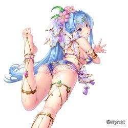 Rule 34 | 1girl, :o, armlet, ass, bare back, bare shoulders, barefoot, barefoot sandals (jewelry), between toes, bikini, blue bikini, blue eyes, blush, bow, breasts, circlet, curvy, feet, flower, from behind, gem, hair flower, hair intakes, hair ornament, hand up, highres, hip focus, jewelry, kneepits, leg up, legs, long hair, looking at viewer, looking back, lying, medium breasts, nail polish, official art, on stomach, open mouth, otosume ruiko, pink flower, pink nails, ponytail, purple flower, sangoku infinity, side-tie bikini bottom, simple background, solo, swimsuit, tassel, thick thighs, thighlet, thighs, toe ring, toenail polish, toenails, toes, underboob, veil, very long hair, water, wet, white background, white bow, wide hips