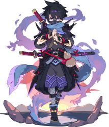 Rule 34 | 1boy, armor, artist request, belt, black footwear, black hair, black hakama, black kimono, black legwear, blue scarf, covered mouth, dragon, fishnet legwear, fishnets, full body, gourd, hakama, hakama skirt, hands up, highres, japanese clothes, jika-tabi, katana, kimono, kuji-in, lizard tail, looking at viewer, male focus, mask, ninja, non-web source, official art, on water, outdoors, own hands together, pauldrons, pink eyes, scarf, short hair, short sleeves, shoulder armor, shoulder spikes, sidelocks, skirt, spikes, standing, standing on one leg, straight-on, sun, sunset, sword, tail, transparent background, v-shaped eyebrows, vambraces, water, weapon, wide sleeves, world flipper, yakumo (world flipper)