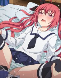 Rule 34 | 1boy, 1girl, ahoge, bed, blush, censored, clothed sex, clothing aside, date a live, hetero, itsuka kotori, lying, missionary, necktie, on back, open mouth, panties, panties aside, penis, pillow, pink eyes, pussy, school uniform, sex, skirt, solo focus, spread legs, striped clothes, striped panties, thighhighs, tomu (tomubobu), twintails, underwear, vaginal